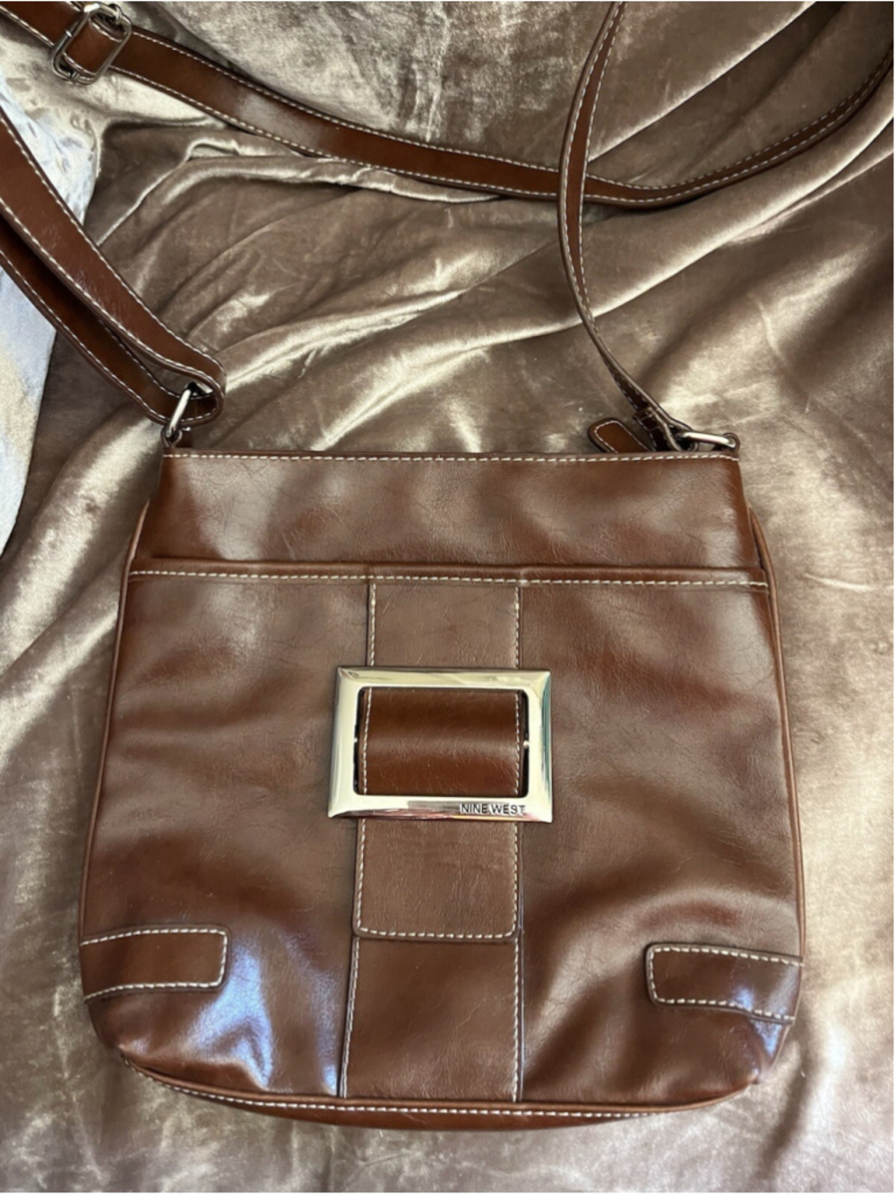 Nine West Brown Faux Leather Crossbody Hipster Purse Women's 8.5"×8.5"